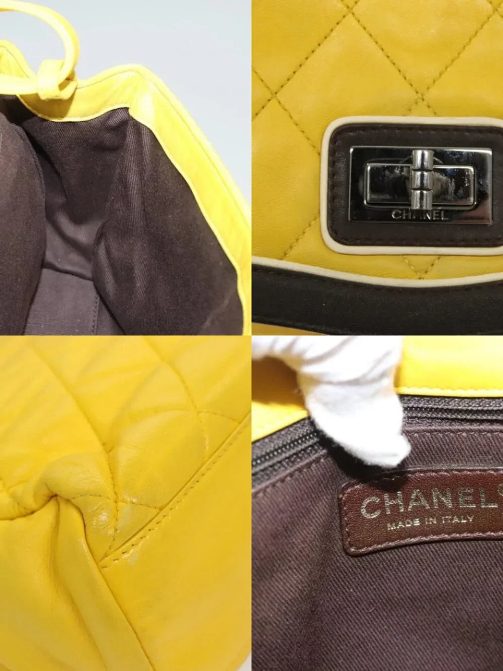 CHANEL Matelasse 2.55 Shoulder Bag Lamb Skin Yellow Silver CC Auth bs25489